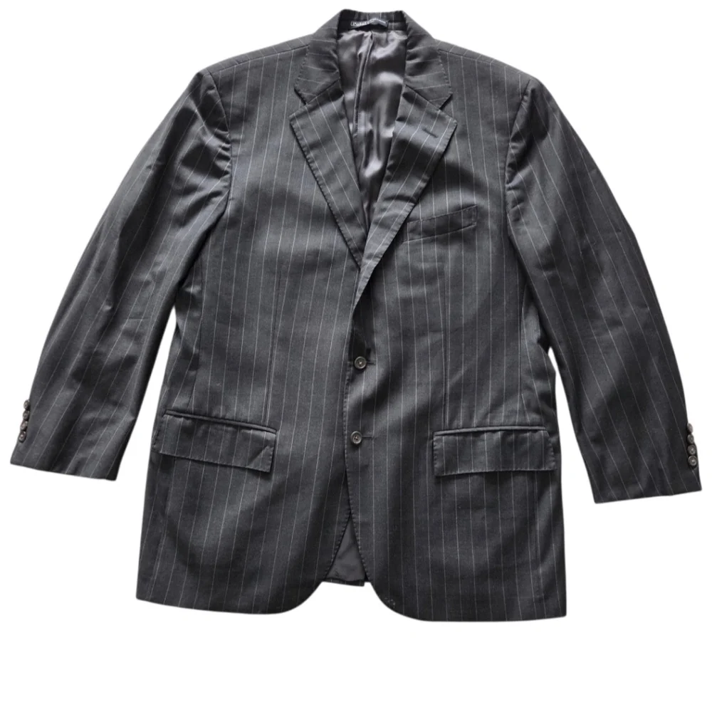 VTG Polo Ralph Lauren Italy Wool Pinstripe Blazer 44R Gray‎ Luxury Preppy Formal